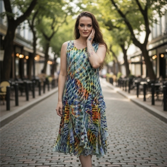 Signature by Robbie Bee ✦ Geometric Midi Dress ✦ Sleeveless Fairy Ruffle Hem 8P - Picture 1 of 16